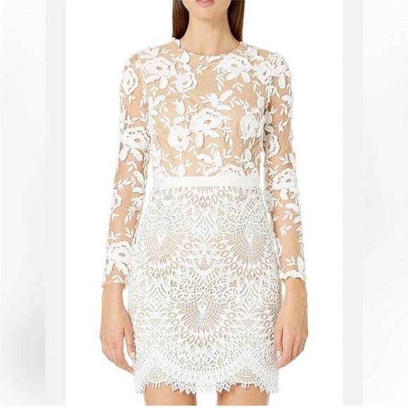 ML Monique Lhuillier White & Beige nude Lacey Cocktail formal Dress xs 3D Sz 2 - Picture 4 of 17